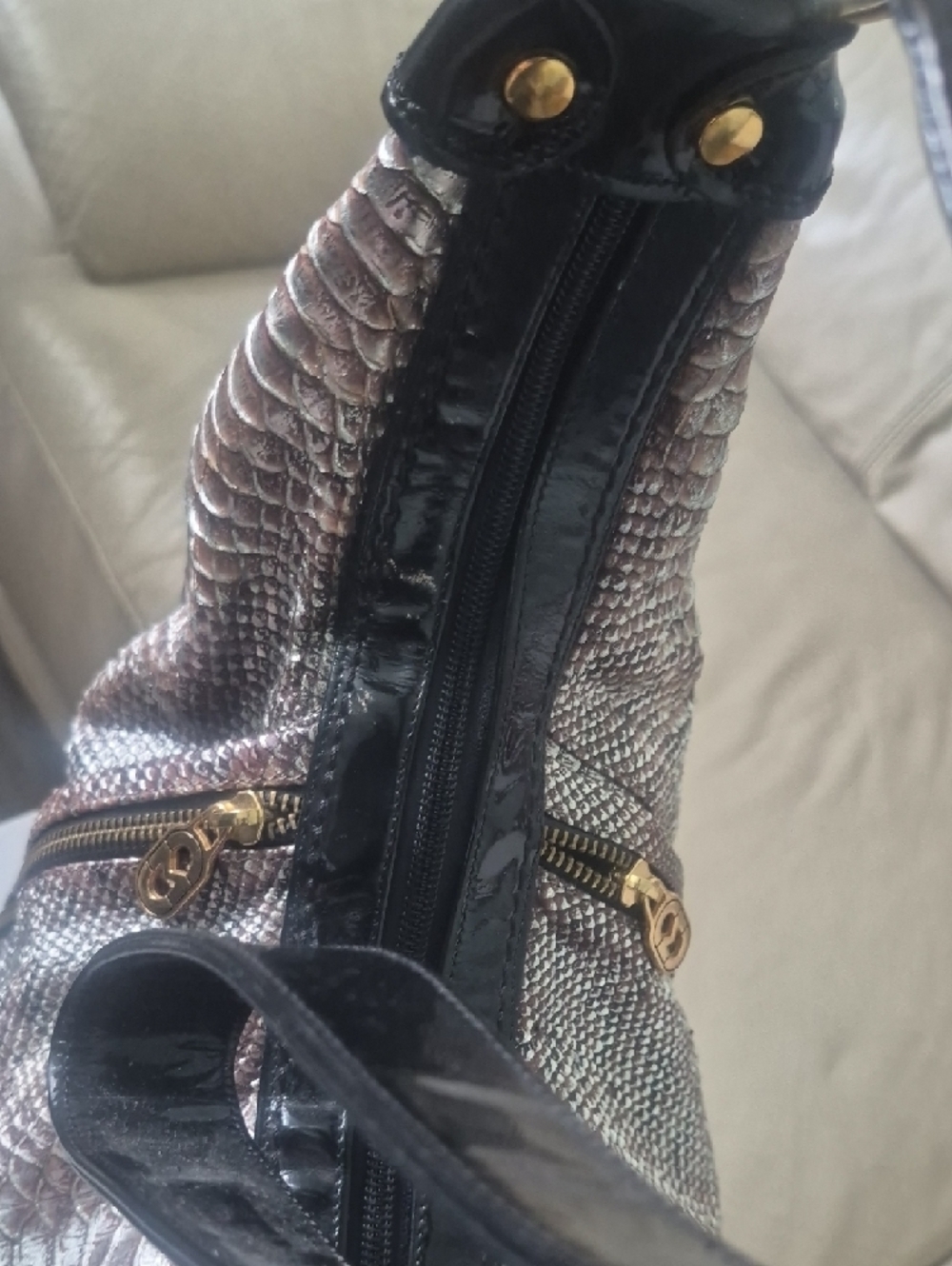 Marino Orlandi Black and Taupe Snake-Embossed Hobo - Picture 10 of 11